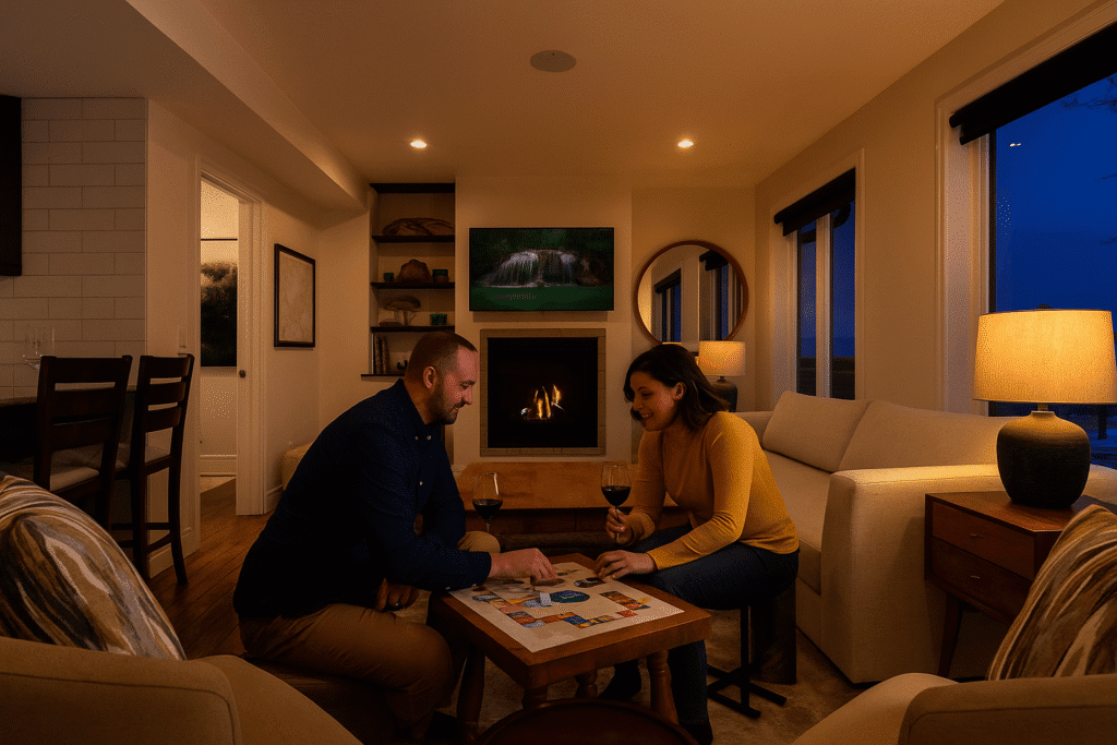 A couple drinking wine and playing a board game in the evening at The Annex vacation rental hosted by Dream Hospitality Vacation Rentals.