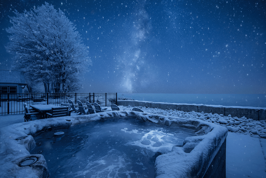 A romantic snowy scene with a hot tub overlooking the lake under the stars.