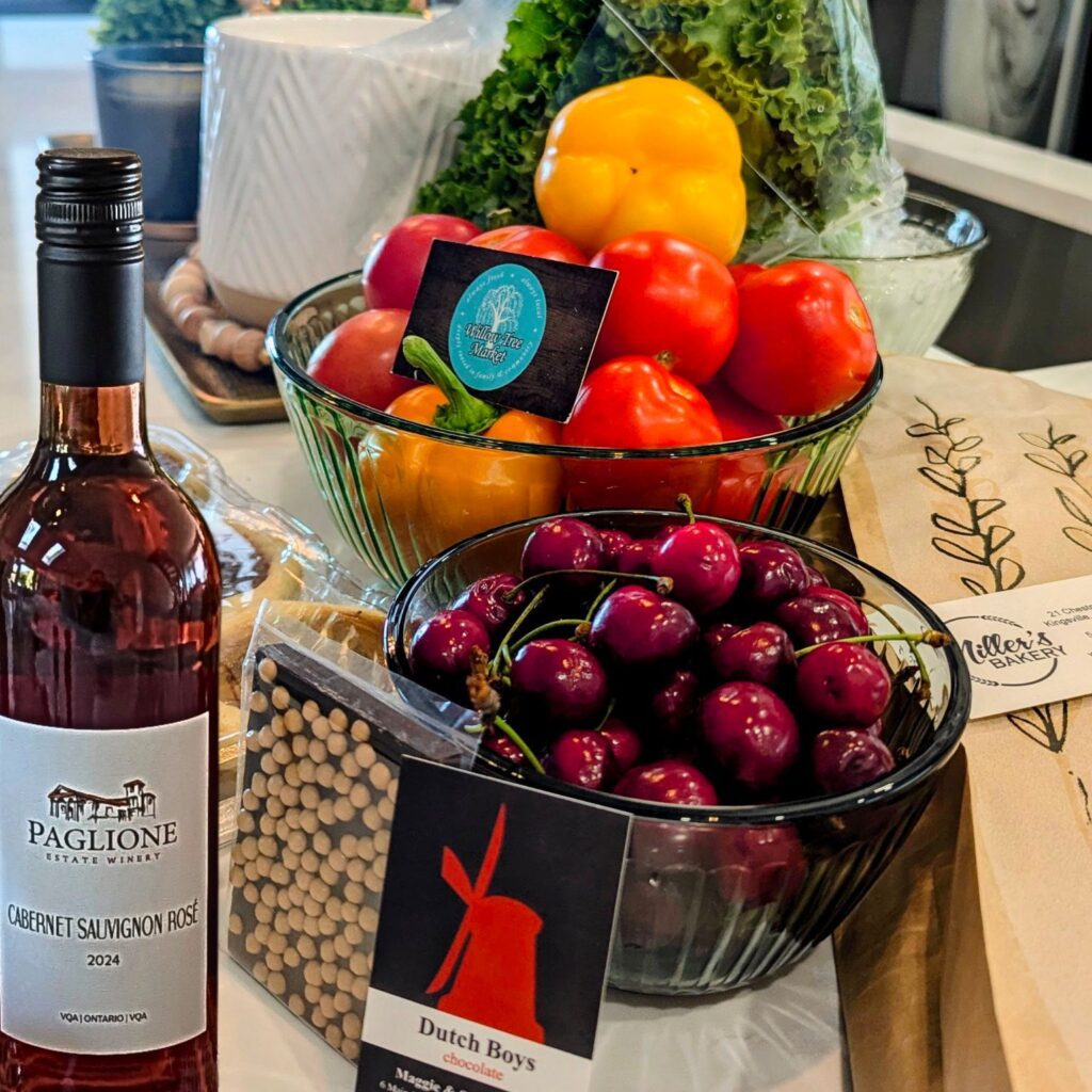 True Canadian Family Getaway: A Dream Hospitality Welcome Gift featuring local produce, wine and chocolate.