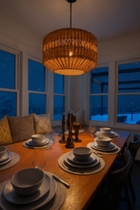 Harvest table set for dinner at North Shore Beach Estate vacation rental in the Lake Erie North Shore region.