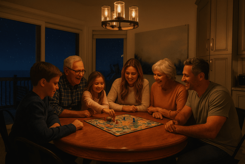 Family gathered around a board game at a vacation home rental on Lake Erie.