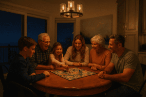 Family gathered around a board game at a vacation home rental on Lake Erie.