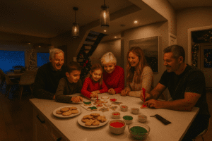 Multi generational family decorating Christmas cookies at Mod Lux Oasis vacation rental in the Lake Erie North Shore region.